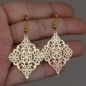 Gold Filigree Dangle Earrings, Lacey Floral Filigree Earrings, Boho Earrings